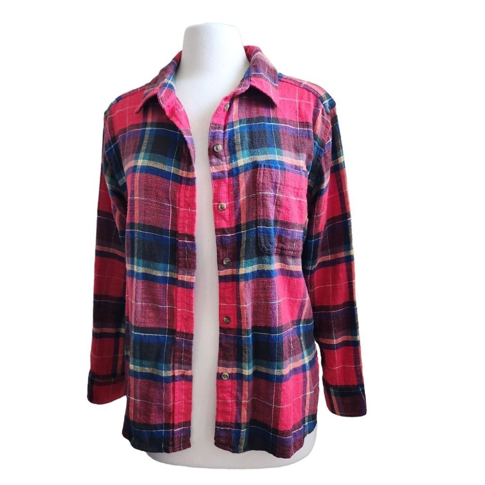 American Eagle Boyfriend Fit Shirt Plaid Blue/Red Pocket‎ Button Up Tab Womens S
